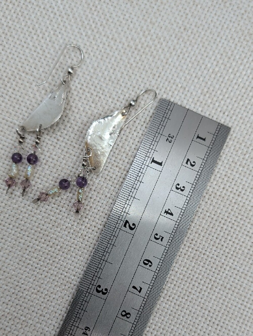 Vintage Hand Hammered Sterling Silver Amethyst Pearl Dangle Earrings - Picture 9 of 17